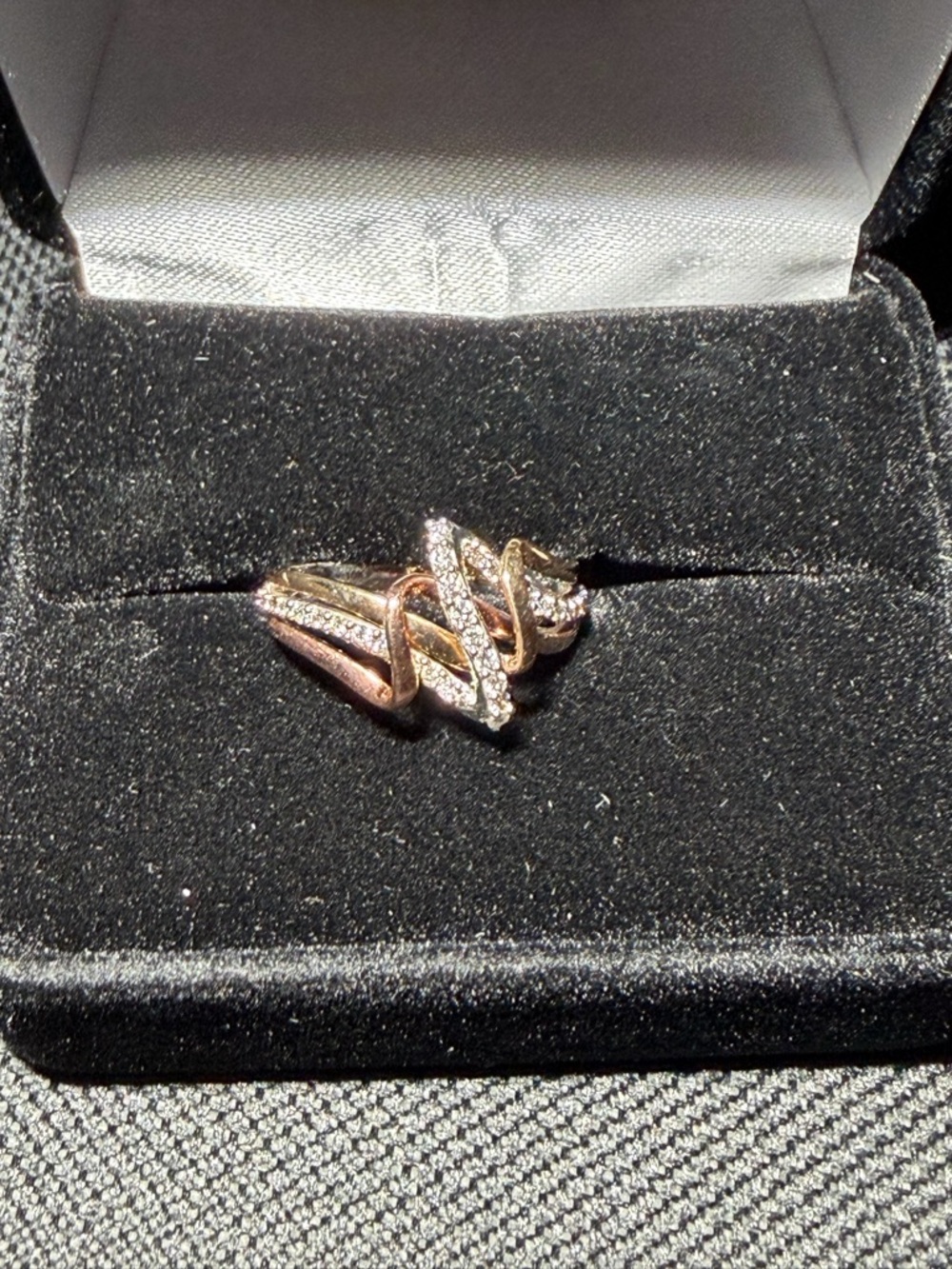 Tri-Tone Crystal Wave Ring - Rose, Yellow & White Gold with 1/6 carat diamonds